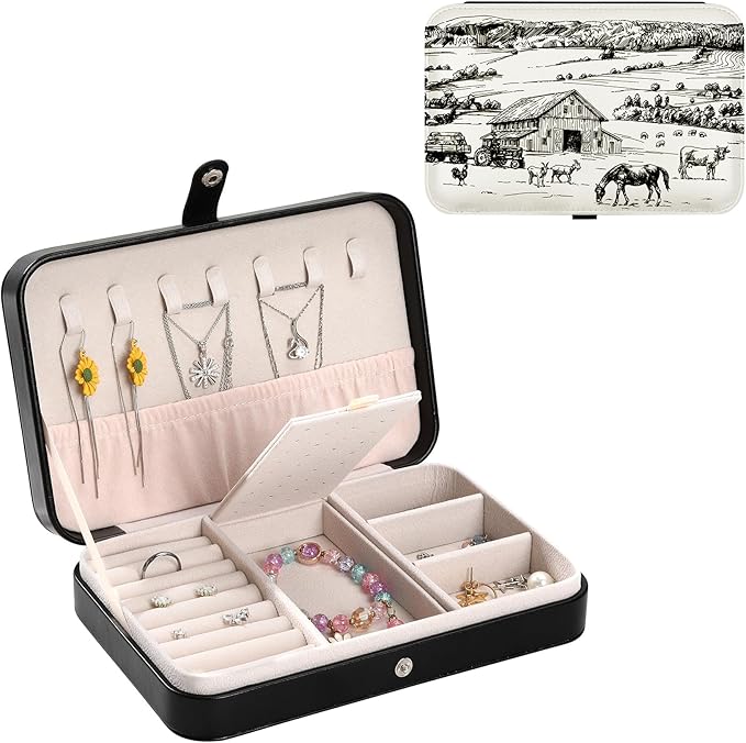 Personalized Travel Jewelry Box Western Farm Animals Portable Small Jewellery Storage Organizer for Women Earring Ring Bracelet Case Gift for Birthday Christmas Valentines Easter
