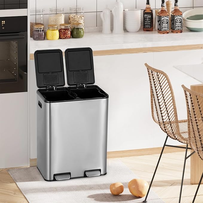FDW Trash Can, 60 Liter (2x30L) 16 Gallon Stainless Steel Step Can, Rectangular Trash Can with Inner Buckets and Hinged Lids, Suitable for Kitchen Office Home Use,Silver