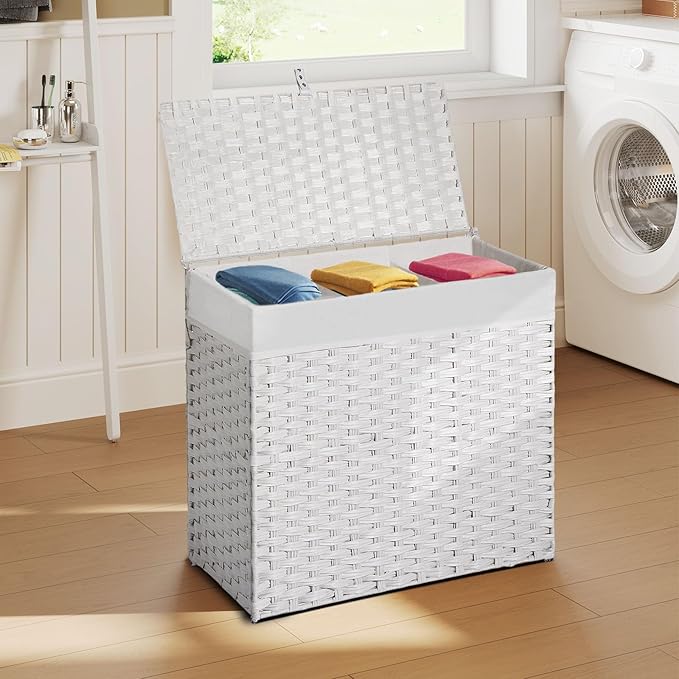 Greenstell Laundry Hamper with Lid, 125L Wicker Laundry Baskets with 2 Removable Liner Bags & 5 Mesh Laundry Bags, Handwoven Rattan Clothes Hamper with Handles for Clothes in Bathroom, Bedroom
