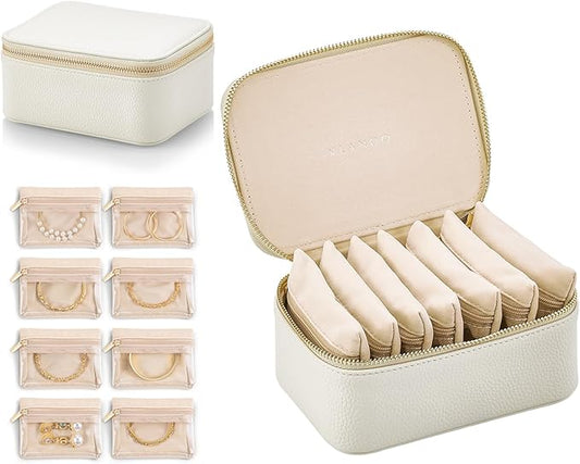 VLANDO Travel Jewelry Box Organizer – Portable PU Leather Jewelry Case with 6/8/12 Zippered Pouches, Compact Storage for Earrings Rings Necklaces Bracelets, Offwhite