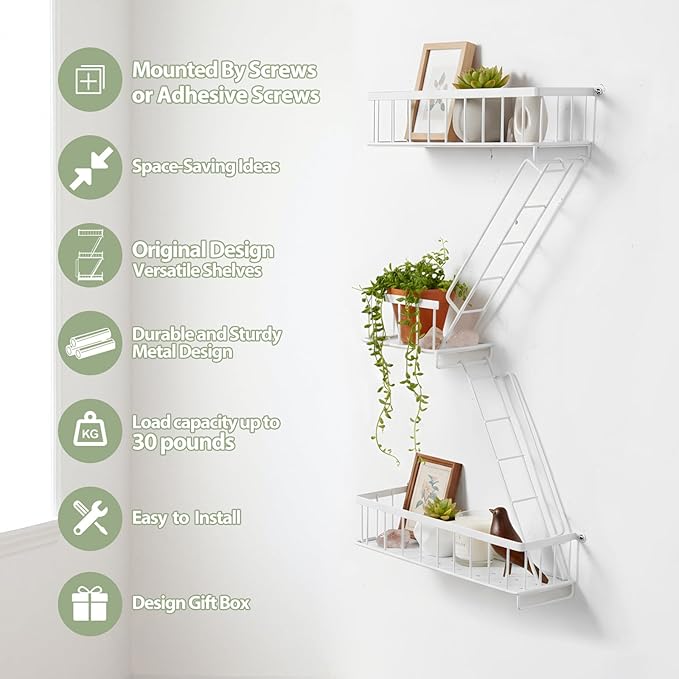 SweetSage Fire Escape Wall Shelf White - Modern New York City Wall Decorative Display Ladder Floating Shelves for Bedroom, Home Decor, Action Figure Display (2.5-Tier)