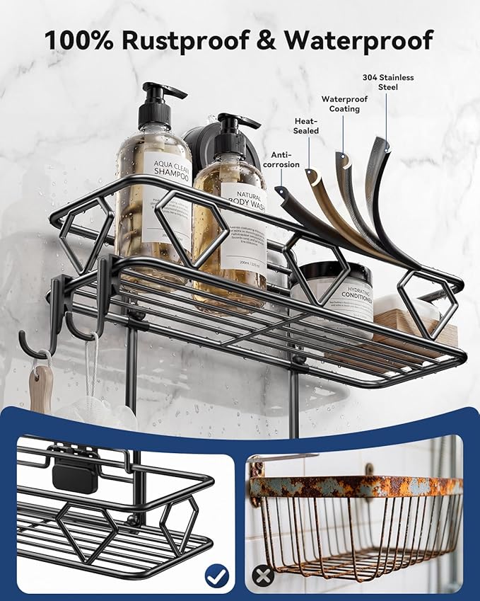 JOTPE Shower Caddy Suction Cup, No Drilling Shower Shelves Hold Up to 40 lbs, Large Capacity Double Layer Bathroom Organizer and Storage with Hooks, Rustproof & Removable Bathroom Shelf, Black