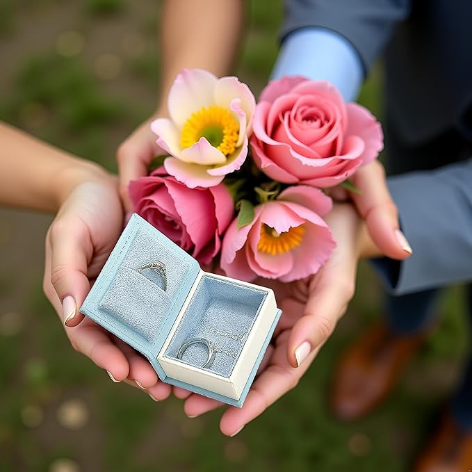 Book Shaped Ring Box - Vintage Engagement Ring Box with Hinged Lid for Proposal Engagement Wedding, Proposal Ring Case -PRB016-Blue