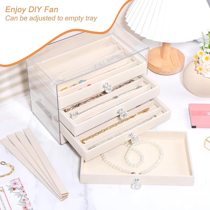 5-Drawer Necklace Organizer Box with Clear Acrylic & Velvet Lining, Beige Necklace Storage Box for Chains, Pendants, Stackable Dustproof Jewelry Holder(9.25 x 5.9 x 6.69 in)