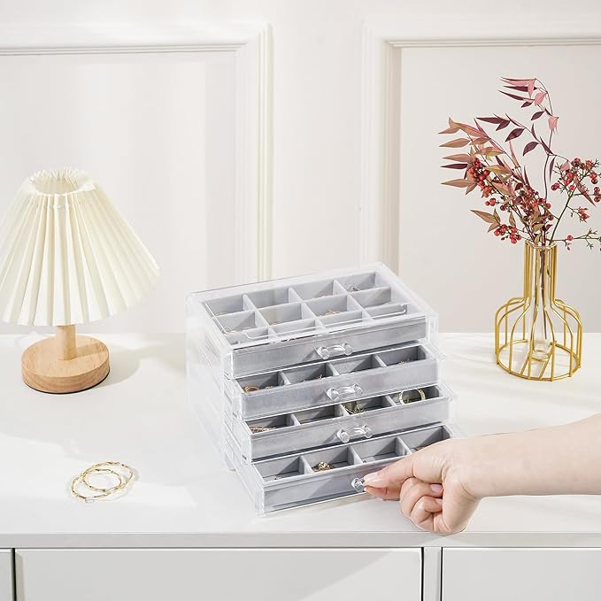 Lolalet Earring Holder Organizer Box Jewelry Storage with 4 Drawers, Clear Acrylic Stackable Earring Case with Adjustable Velvet Trays for Women on Dresser Vanity -Grey, 4 Layers