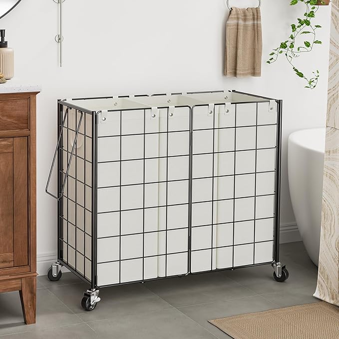 WOWLIVE Laundry Hamper with Wheels,Metal Wire Frame Rolling Laundry Basket 3 Section with Removable bags,150L Dirty Clothes Hamper Organizer Dorm Room Storage for Bedroom,Bathroom,Black and White