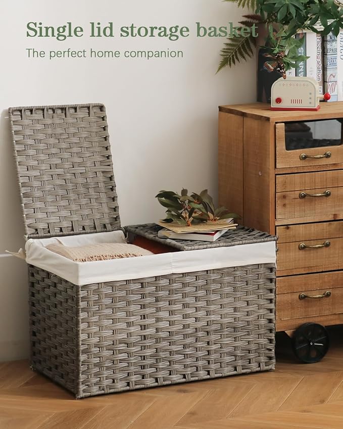 SETVSON Storage Basket with Lid Rattan Storage Basket with 2 Separate Lid, 27.8 Gallon (105 L) 25.2 * 15.4 * 16.1 Inches Woven Wicker Baskets with 2 Liners and Handles for Bedroom Laundry-Gray