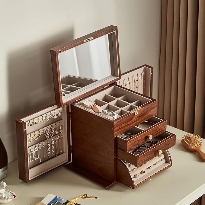 CHOSIN Black Walnut Wooden Jewelry Box, 4 Layer Lockable Organizer with Mirror, Rotatable Ring Holder,Side Doors & Brass Handle, Classical Design for Rings, Necklaces, Mothers Day Gift for Mom