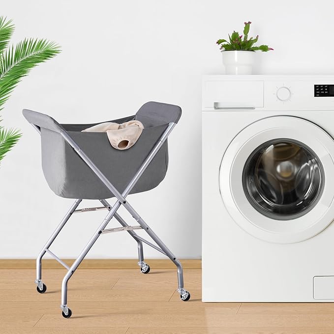 ELYKEN Laundry Cart with Wheels, 32”H Easy Rolling Laundry Hamper with Removable Liner Bag, Sturdy Metal Frame Clothes Basket with 4 Casters and 2 Brakes