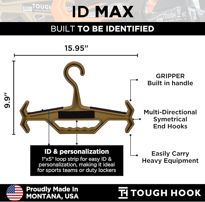 Tough Hook ID MAX Heavy Duty Identification Hanger, USA Made 200 Lb Cap, Plate Carrier, Tactical Gear, Scuba BCD, Anti-Slip Wetsuit & Body Armor Organization System with 3 ID Loop Strips 1 Pack TAN