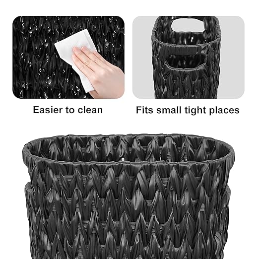 Coeusy 5 Gallon Wicker Trash Can,Black Bathroom Trash Can,Wicker Trash Basket with Handles,Handwoven Small Waste Basket for Bathroom,Bedroom,Kitchen,Office,20 Liters