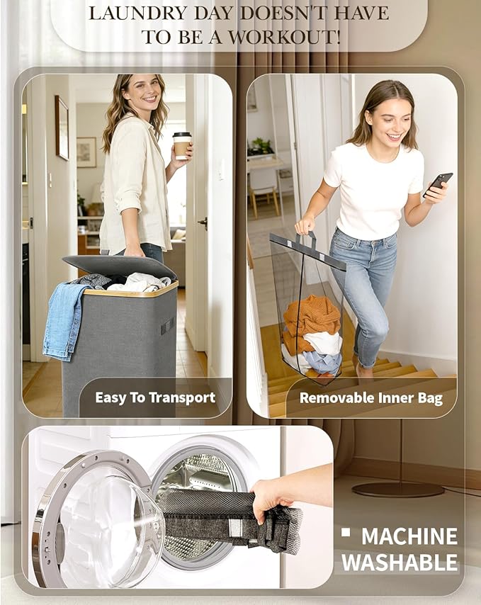 Laundry Hamper with Wheels, 75L Large Clothes Hamper with Removable Inner Bag, Collapsible Dirty Clothes Basket for Dorm, Rolling Dirty Clothes Basket for, Bedroom, Bathroom, Laundry Room
