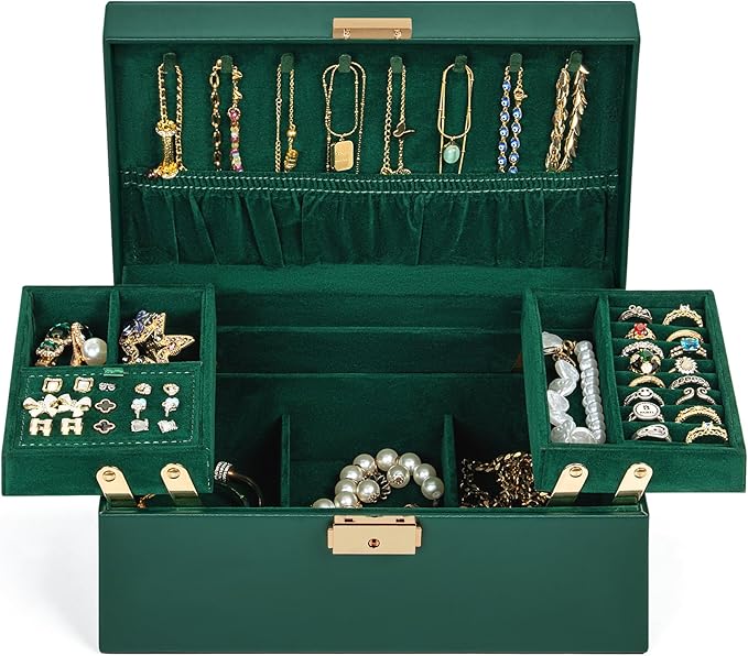 AKOZLIN Travel Jewelry Box Organizer Functional 2-trays Leather Jewelry Storage Case with Lockable Portable for Women Girls Ring Necklace Earring Bracelet