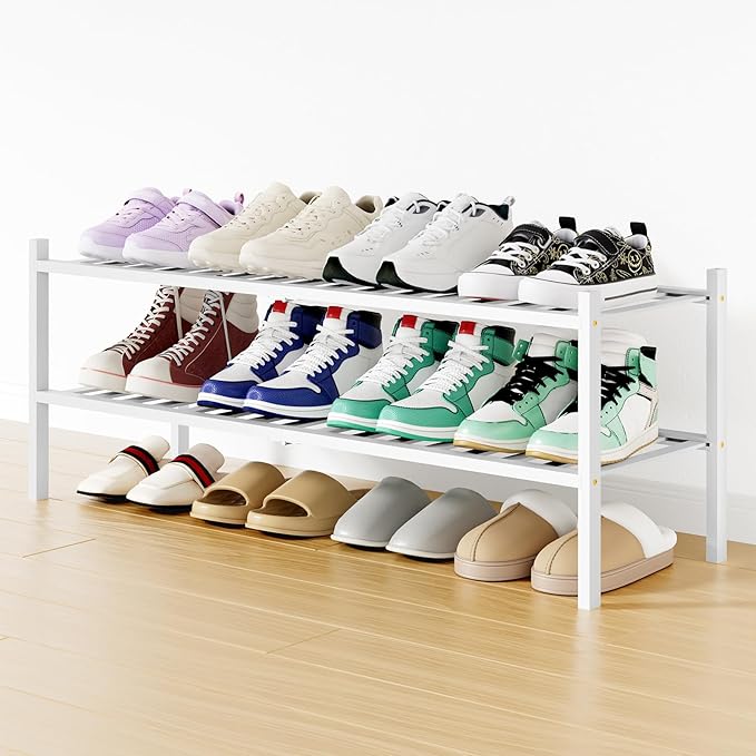 Smiry Shoe Rack, 2 Tier Long Bamboo Shoe Organizer, Stackable Free Standing Wooden Shoe Storage Shelf for Closet, Entryway, Front Door Entrance, White