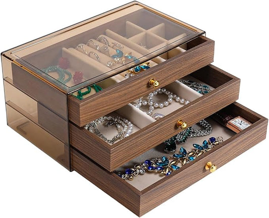 CLUQMEIK 3 Layer Acrylic Case Wooden Drawer Jewelry Organizer with Velvet Lining, Jewelry Box for Women and Girls to Store Rings Earrings Bracelets Necklaces（B）