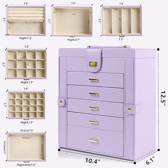 AKOZLIN Large Jewelry Box Organizer Functional with Big Mirror, Leather Jewelry Storage Case for Women Girls Ring Necklace Earring Bracelet Holder Organizer Violet