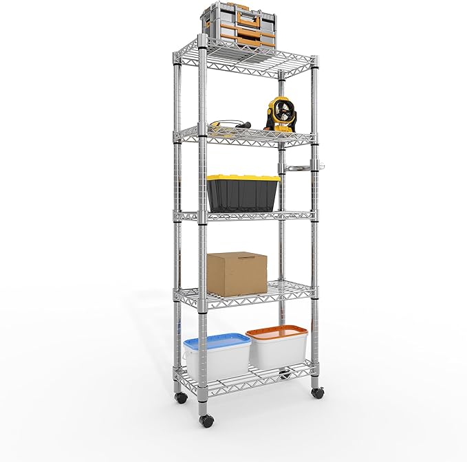 Garvee 5-Tier Storage Shelves Heavy Duty Metal Wire Rack Shelving, 1100 LBS Capacity Rolling Storage Rack with Wheels, for Living Room Pantry Kitchen Bedroom Organization