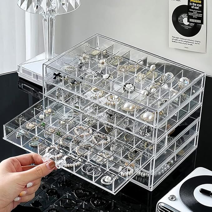 YUFONG Jewelry Boxes Earring Storage Box Organizer 5 Drawers Jewelry Organizer Acrylic Jewelry Storage Box Holder Compartment Transparent Display Storage Case Gift for Women Girls (102 Girds)