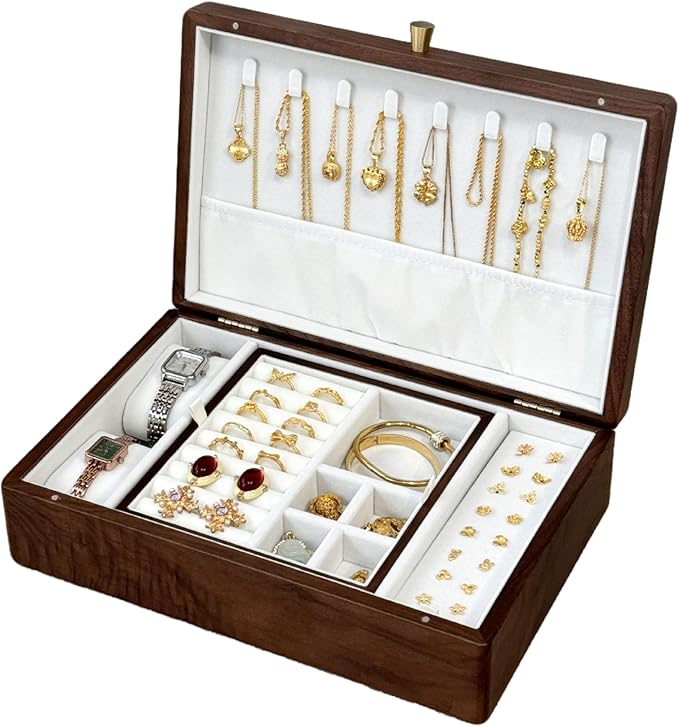 Bescott 2 Layer Solid Black Walnut Wooden Jewelry Box for Women Wood Vintage Organizer for Men Earrings Rings Necklaces Bracelet Watch Storage