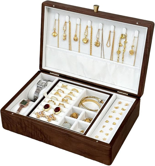 Bescott 2 Layer Solid Black Walnut Wooden Jewelry Box for Women Wood Vintage Organizer for Men Earrings Rings Necklaces Bracelet Watch Storage