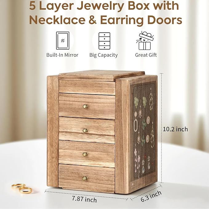 Meangood Jewelry Box Wood for Women, 5-Layer Large Organizer Box with Mirror & 4 Drawers for Rings, Earrings, Necklaces, Vintage Style, Torched Wood