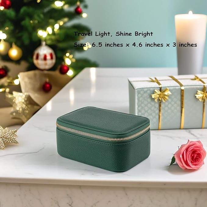 VLANDO Travel Jewelry Box Organizer – Portable PU Leather Jewelry Case with 6/8/12 Zippered Pouches, Compact Storage for Earrings Rings Necklaces Bracelets, Dark Green