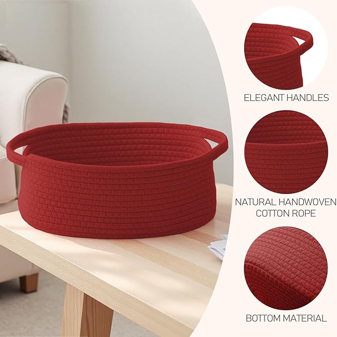 JMvicyroam Woven Basket,Small Rope Storage Bin with Handles & Ribbon Bag, Organizer for Shelves Closets,Gift Basket Empty for Birthday,Books,Dog Toys, Red/3 Pack