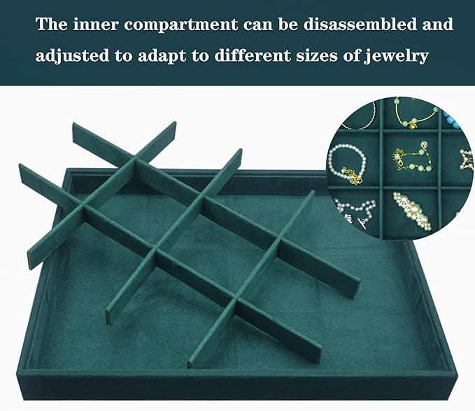 Large Velvet Jewelry Tray, Drawer Organizer for Jewelry in Dresser, Stackable Jewelry Drawer Organizer Inserts for Earring Necklace Bracelet Rings(Green,12grid)