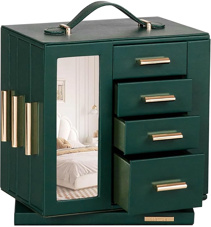 Homde Jewelry Box for Women Large: Rotating Organizer for Ring Earring Necklace Bracelet - 7 Drawers Storage for Dresser (Forest Green)