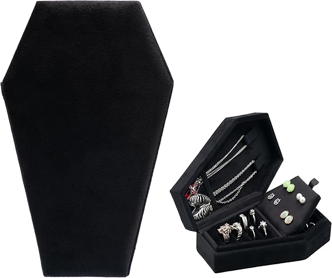 Velvet Coffin Jewelry Travel Case Holder for Gothic Wedding Ceremony Jewelry Organizer Decoration (Black 4 Grid)