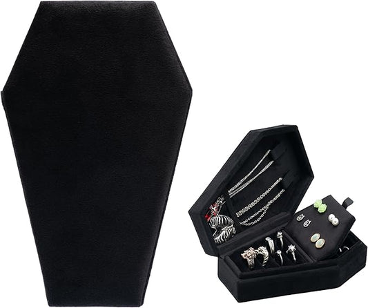 Velvet Coffin Jewelry Travel Case Holder for Gothic Wedding Ceremony Jewelry Organizer Decoration (Black 4 Grid)