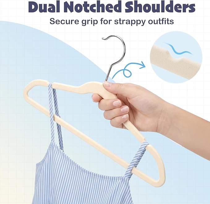 HOUSE DAY 14 Inch Kids Velvet Hangers 50 Pack, Durable Big Kid Hangers for Youth, Non Slip Kids Felt Hanger, Cute Childrens Hanger for Closet, Beige