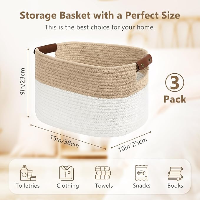 ECDYQXVU Cotton Rope Storage Baskets,15x10x9 in,Foldable Storage Bins, Decorative Woven Basket Cube Storage Organizer for Laundry, Towel, Clothes (White/Beige-3Pack, 15x10x9 inches)
