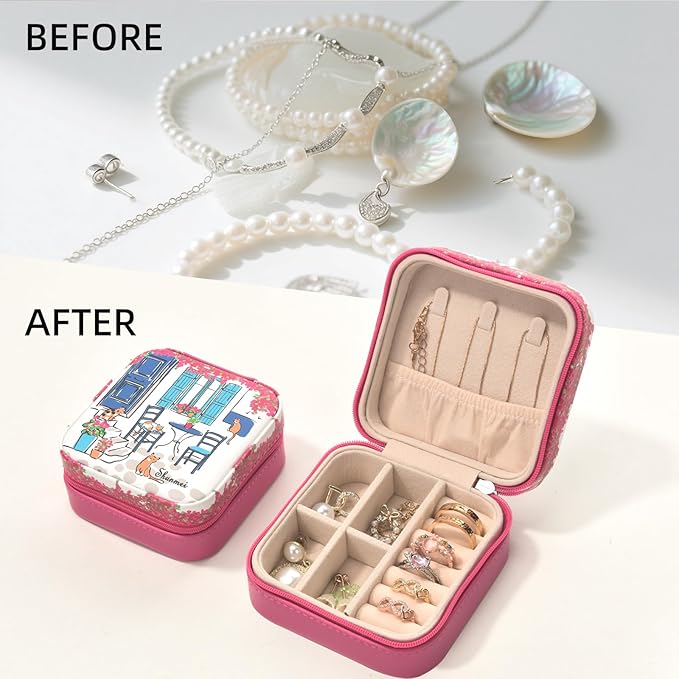 shunmei Mini Travel Jewelry Box,PU Leather Portable Jewelry Organizer Case,Art Accessories Storage Holder Boxes for Earring, Necklace, Rings, Bracelets (Four Cats)