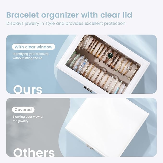 Lolalet Bracelet Display Holder with Rods for Bangles Watches, Clear Lid Jewelry Organizer Box Storage Case for Mothers Day Gifts -White, 2 Rolls