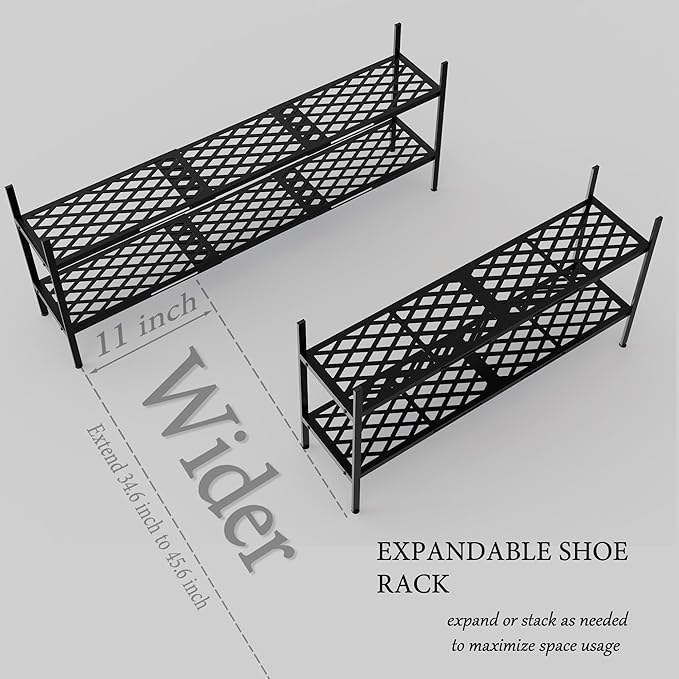 Shoe Rack, 45.6" Expandable Shoes Storage Metal Shoe Shelf Stand 2-Tier Stackable Boot Organizer for Closet, Entryway, Garage, Bedroom, Door Entrance, Black