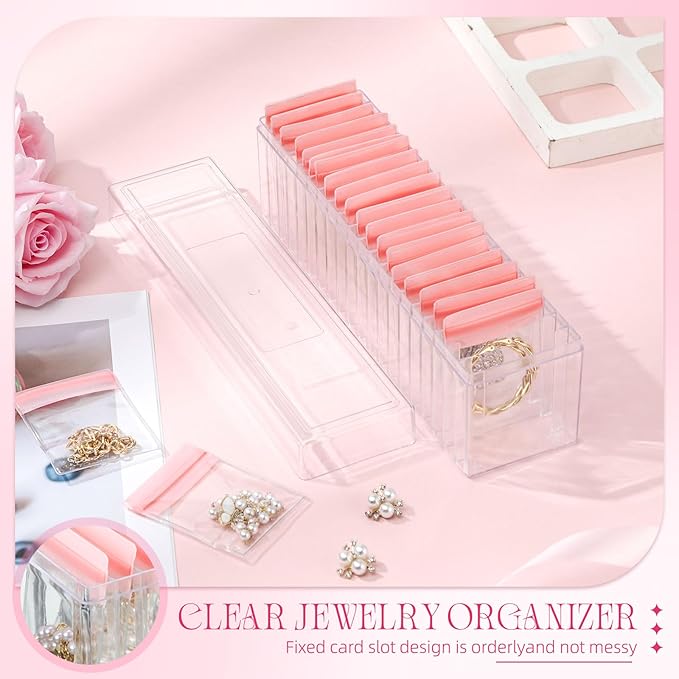 Kenning 21 Pcs Acrylic Jewelry Case Organizer, Clear Jewelry Organizers Holder with Portable Anti Tarnish Storage Bags for Rings, Earrings, Necklaces, Ideal Gifts for Women (Pink)