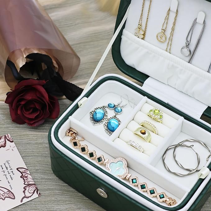 Jewelry Travel Case, 2-Layer Jewelry Box Organizer Medium Jewelry Travel Box, Portable Faux Leather Jewellery Storage Boxes with Argyle for Women, Daily Jewellery Case Home Use (Dark green)