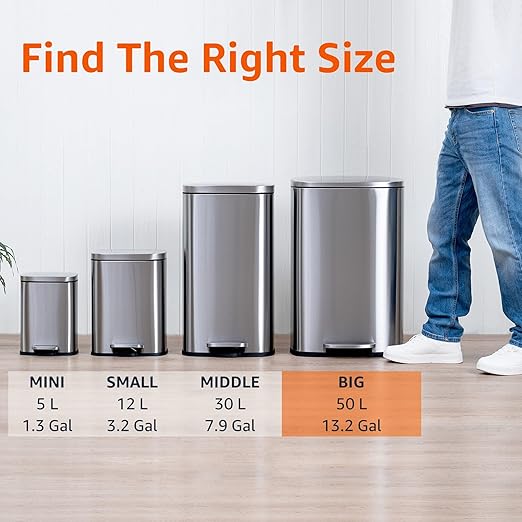 Amazon Basics Smudge Resistant Rectangular Trash Can with Soft-Close Lid, Foot Pedal, Removable Inner Bucket, 50 Liter/13.2 Gallon, Brushed Stainless Steel, Satin Nickel Finish