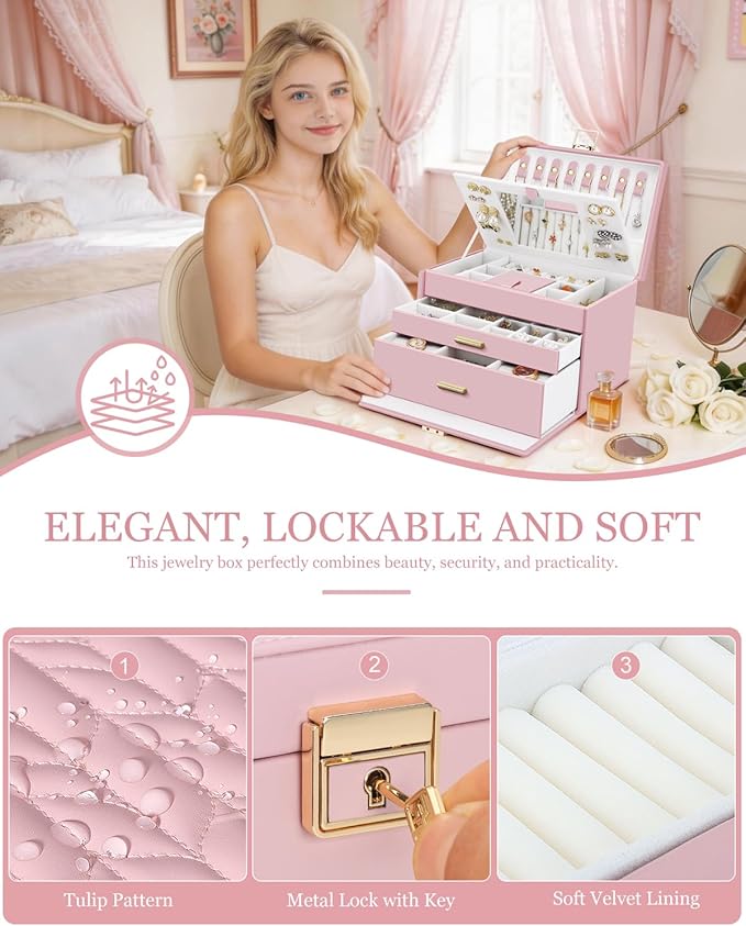 DesignSter Jewelry Box for Women Girl, 3-layer Lockable Jewelry Organizer with Mirror, Large Leather Jewelry Case for Earring Necklace Ring Bracelet Watch
