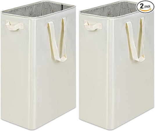 efluky Slim Laundry Basket, Narrow Laundry Hamper with Handles, Collapsible Dirty Clothes Hamper, Tall Laundry Bin for Laundry Room, Dorm and Bedroom, 19.8 Gallon (75L) Beige (Pack of 2)