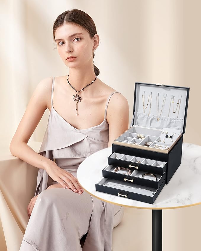 Jewelry Box，4-Layer Large Jewelry Organizers for Women with 3 Drawers,Storage Modern Style Jewelry Boxes Storage of Earrings Rings Bracelets Necklace（Black）