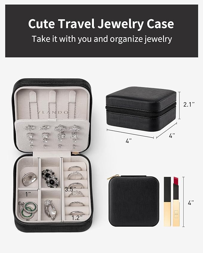 VLANDO Travel Jewelry Case, Small Travel Jewelry Organizer Box for Girls Women - Black