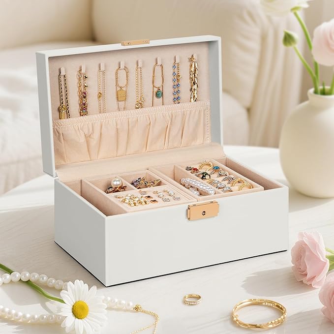 AKOZLIN Travel Jewelry Box Organizer Functional 2-trays Leather Jewelry Storage Case with Lockable Portable for Women Girls Ring Necklace Earring Bracelet