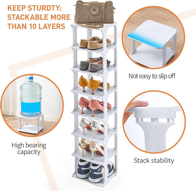 5 Tiers Shoe Rack Organizer for Closet Shoe Holder Storage Narrow Plastic Vertical, Free Standing Shoe Rack Shelf for Entryway Stackable Stability DIY, Grey