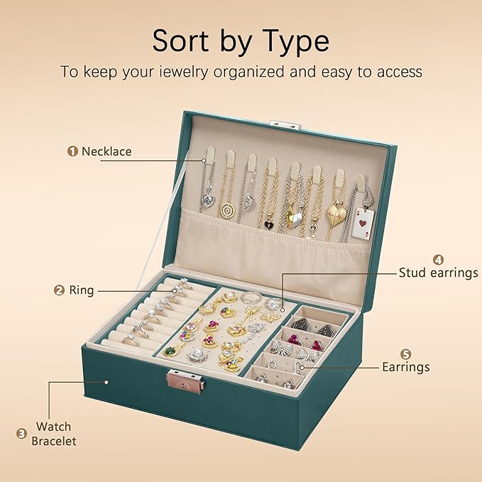 Homeanda Jewelry box 2 layer Jewelry box Leather Jewelry boxes for Women Girls Teens Jewelry organizer box Jewelry Storage box with lock(Green)