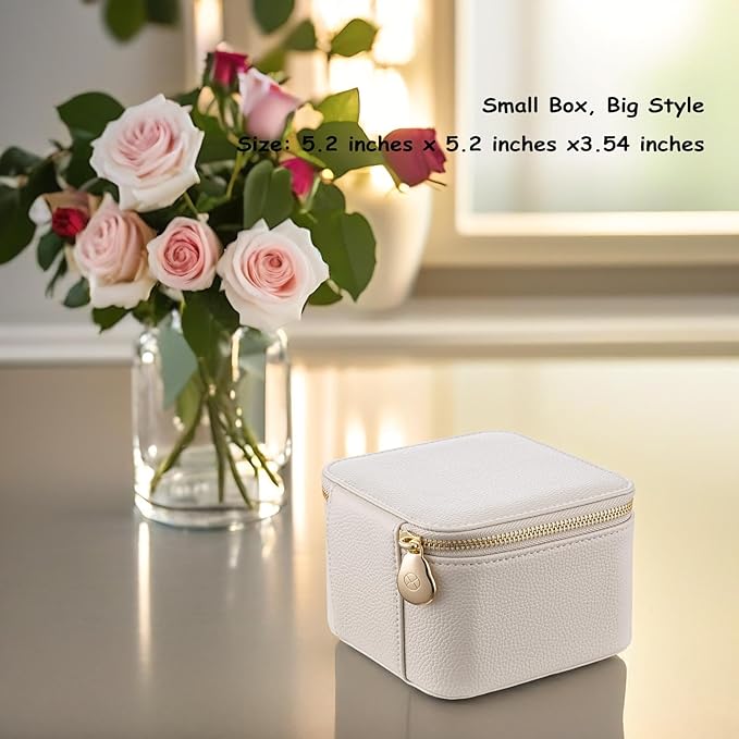 VLANDO Travel Jewelry Box Organizer – Portable PU Leather Jewelry Case with 6/8/12 Zippered Pouches, Compact Storage for Earrings Rings Necklaces Bracelets, Offwhite