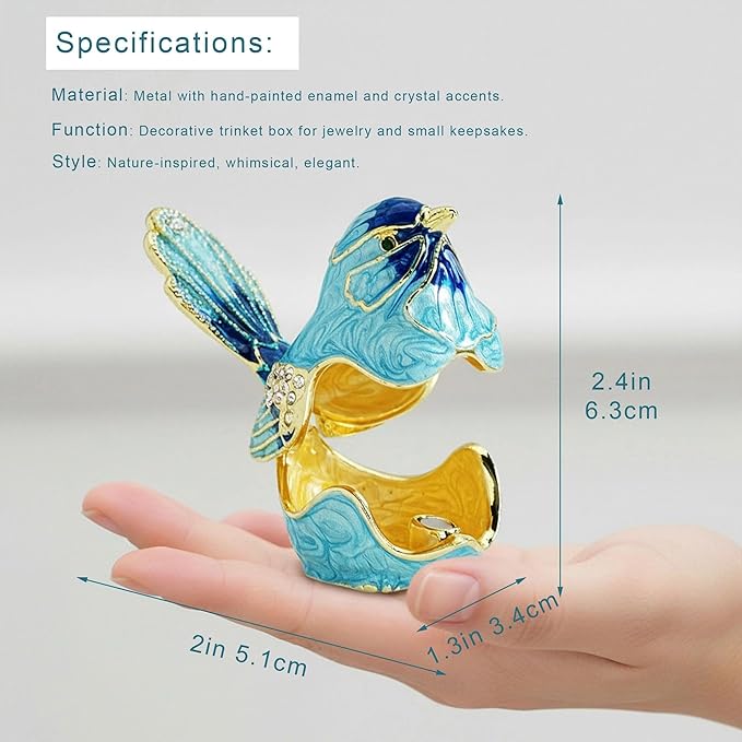 YU FENG Enamel Bird Trinket Box Jewelry Organizer, Hand Painted Decorative Hinged Keepsake Box – Blue Bird