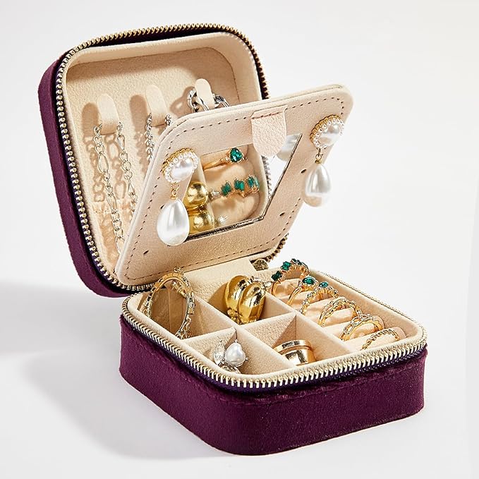 Smileshe Travel Velvet Jewelry Box with Mirror, Mini Gifts Case for Women Girls, Small Portable Organizer Boxes for Rings Earrings Necklaces Bracelets