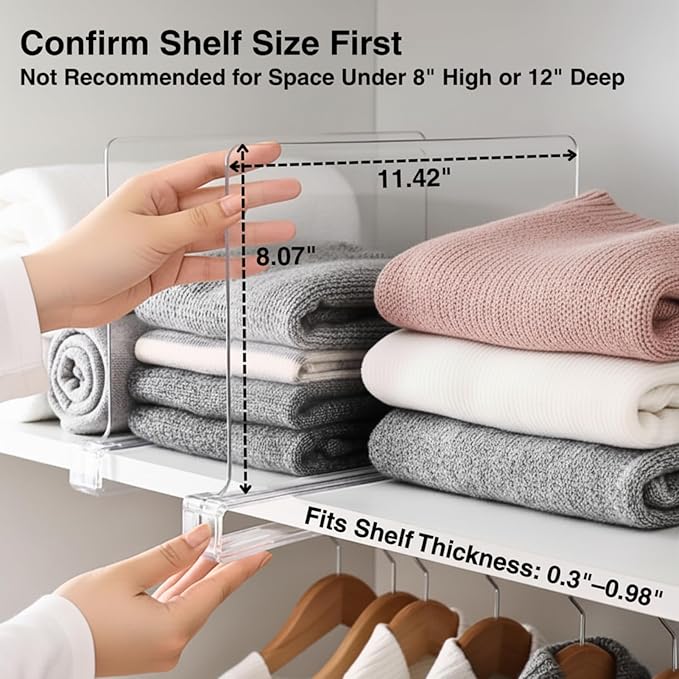 SortNStore Shelf Dividers Purse Organizer for Closet: 16-Pack Acrylic Bag Storage Organizer for Handbags, Clutches, Clothes, Sweater, Towel on Wood Shelves